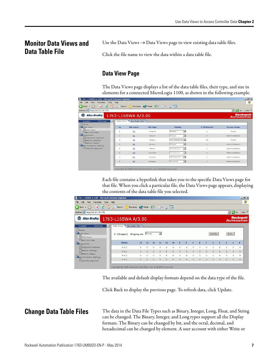 Monitor data views and data table file, Change data table files | Rockwell Automation 1763-L16xxx MicroLogix 1100 Embedded Web Server User Manual User Manual | Page 13 / 30