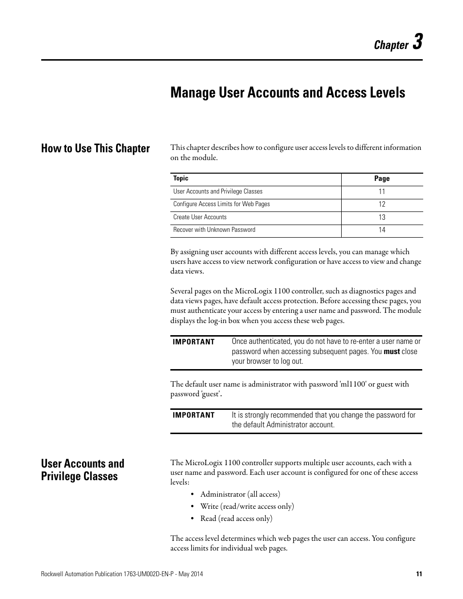 3 - manage user accounts and access levels, How to use this chapter, User accounts and privilege classes | Chapter 3, Manage user accounts and access levels, Chapter | Rockwell Automation 1763-L16xxx MicroLogix 1100 Embedded Web Server User Manual User Manual | Page 17 / 30