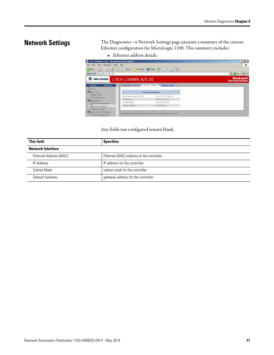 Network settings | Rockwell Automation 1763-L16xxx MicroLogix 1100 Embedded Web Server User Manual User Manual | Page 23 / 30