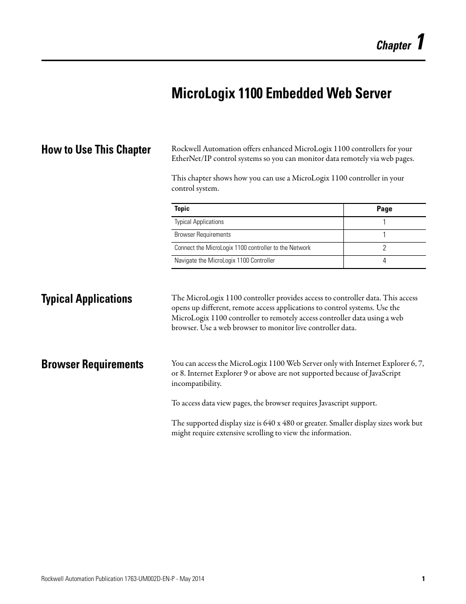 1 - micrologix 1100 embedded web server, How to use this chapter, Typical applications | Browser requirements, Chapter 1, Micrologix 1100 embedded web server, Chapter | Rockwell Automation 1763-L16xxx MicroLogix 1100 Embedded Web Server User Manual User Manual | Page 7 / 30