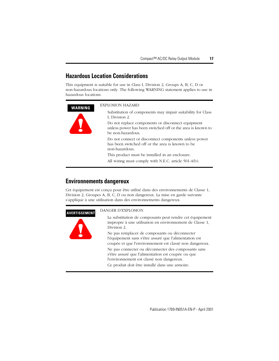 Hazardous location considerations, Environnements dangereux | Rockwell Automation 1769-OW8 Compact AC/DC Relay Output Module User Manual | Page 17 / 20