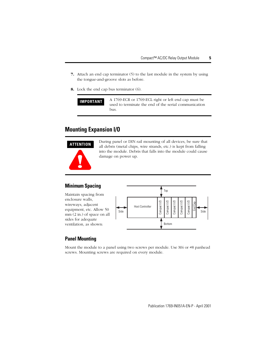 Mounting expansion i/o, Panel mounting, Minimum spacing | Rockwell Automation 1769-OW8 Compact AC/DC Relay Output Module User Manual | Page 5 / 20