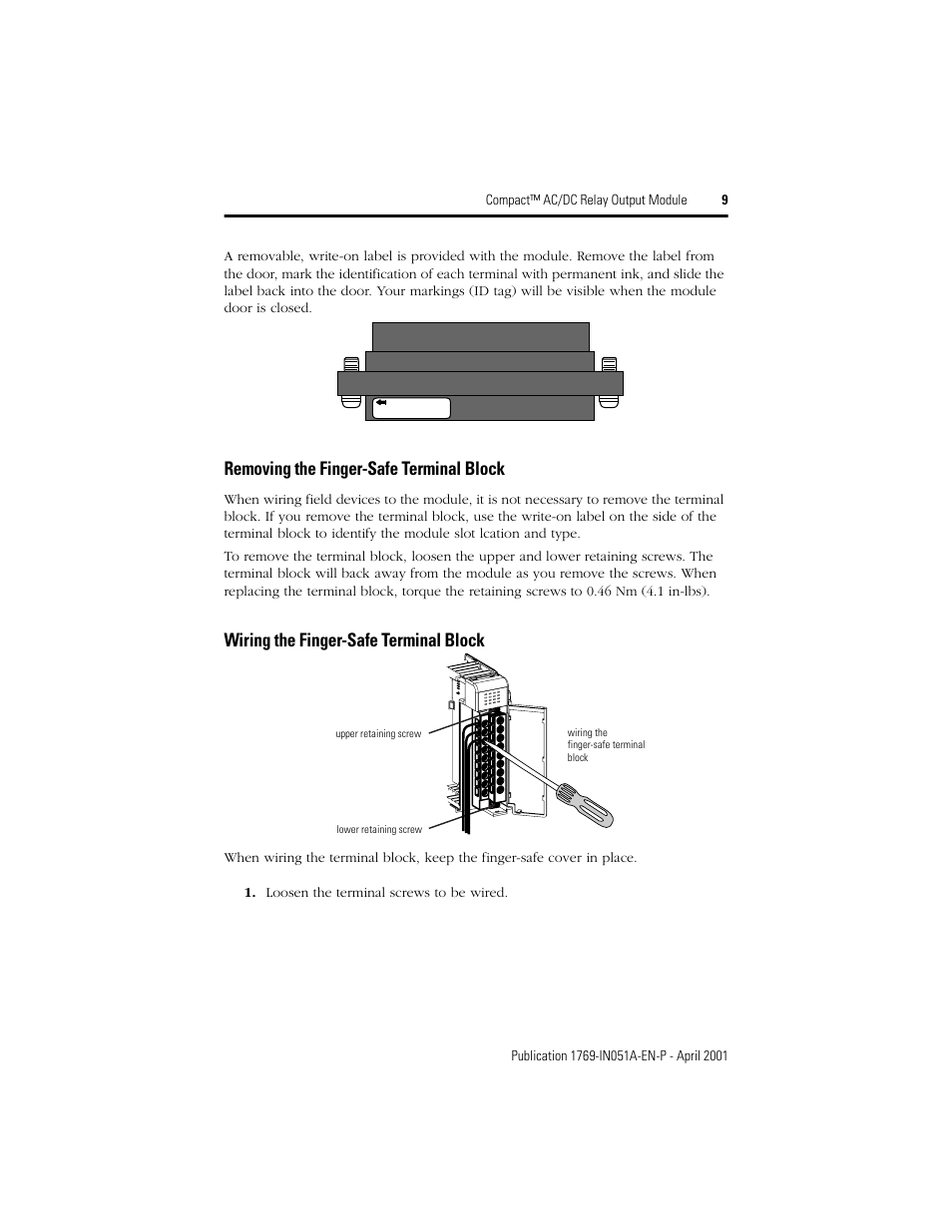 Removing the finger-safe terminal block, Wiring the finger-safe terminal block | Rockwell Automation 1769-OW8 Compact AC/DC Relay Output Module User Manual | Page 9 / 20