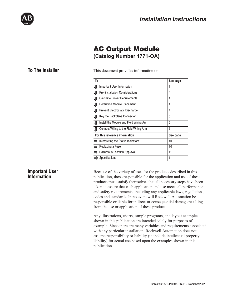 Rockwell Automation 1771-OA AC (120V) Output Module User Manual | 12 pages