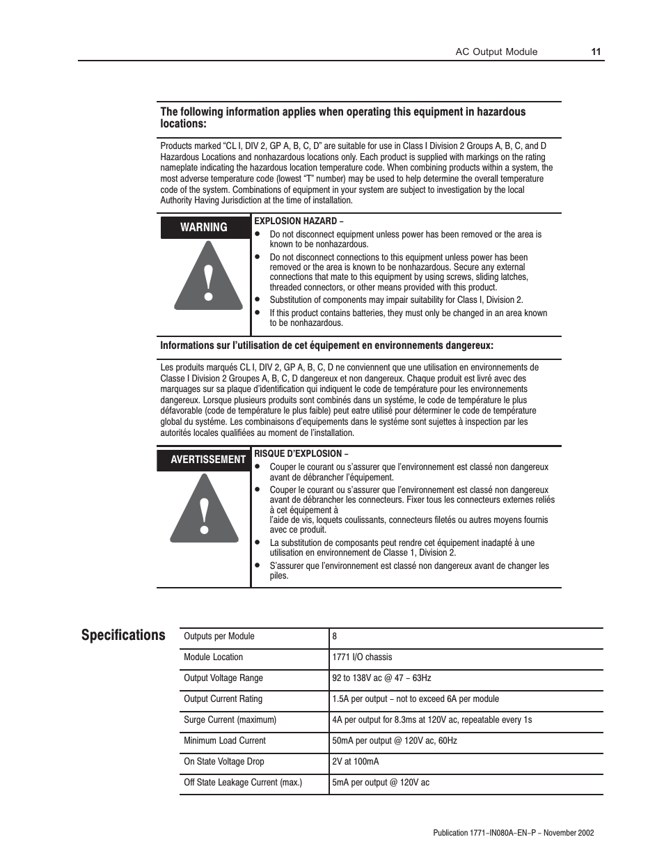 Specifications | Rockwell Automation 1771-OA AC (120V) Output Module User Manual | Page 11 / 12