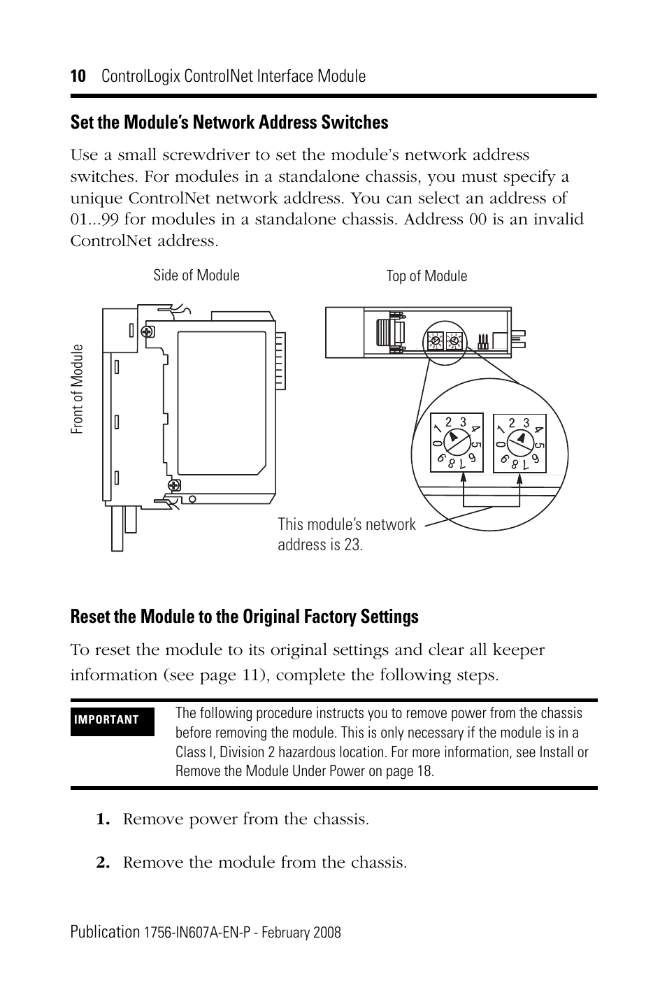 Set the module’s network address switches, Reset the module to the original factory settings | Rockwell Automation 1756-CN2_CN2R, Series B ControlLogix ControlNet Interface Module User Manual | Page 10 / 36
