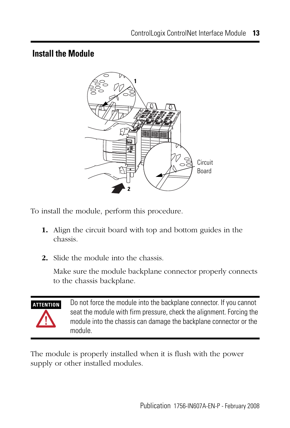 Install the module | Rockwell Automation 1756-CN2_CN2R, Series B ControlLogix ControlNet Interface Module User Manual | Page 13 / 36