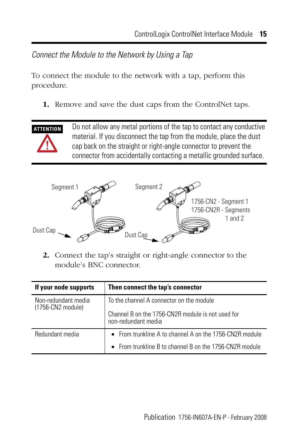 Connect the module to the network by using a tap | Rockwell Automation 1756-CN2_CN2R, Series B ControlLogix ControlNet Interface Module User Manual | Page 15 / 36