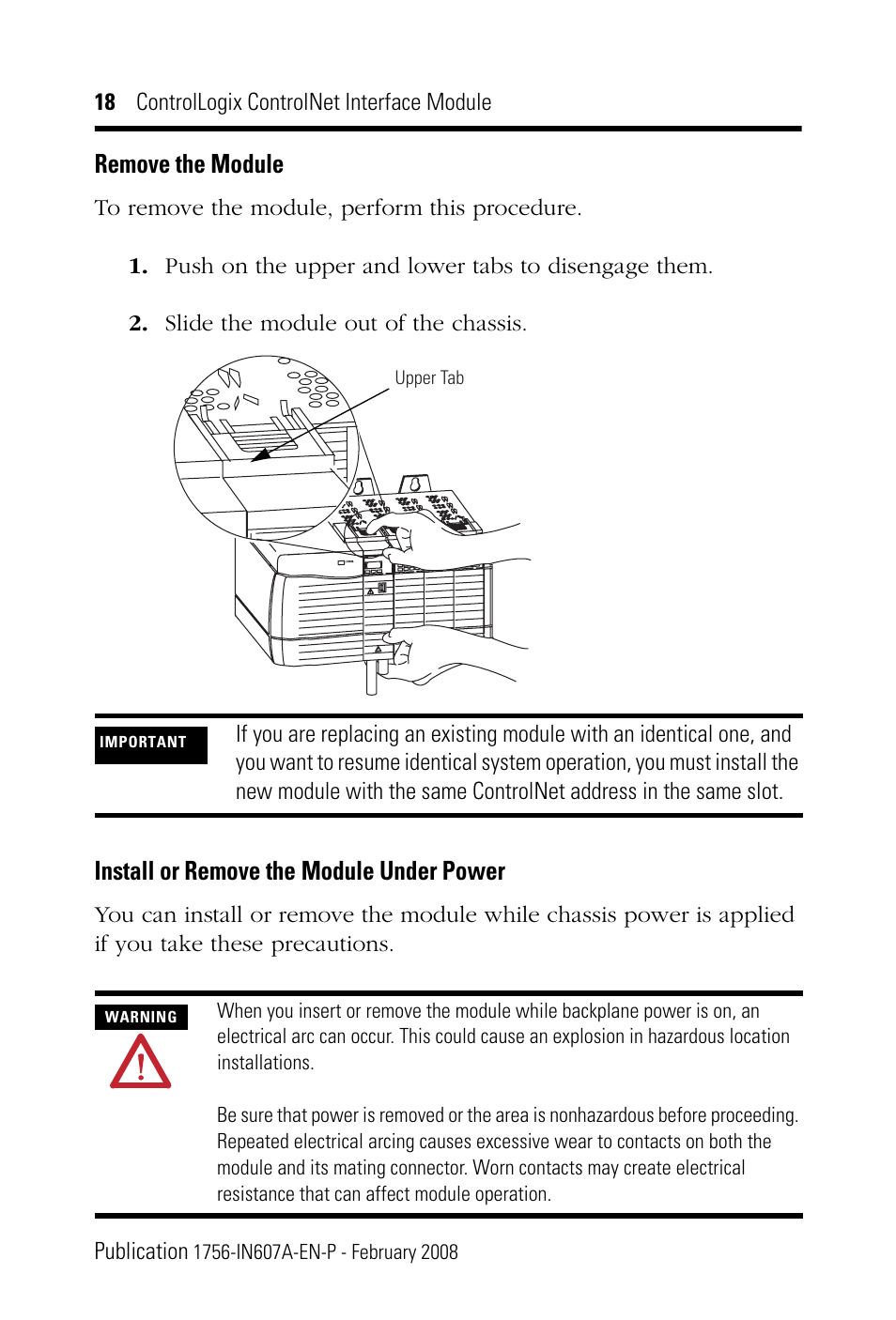 Remove the module, Install or remove the module under power | Rockwell Automation 1756-CN2_CN2R, Series B ControlLogix ControlNet Interface Module User Manual | Page 18 / 36