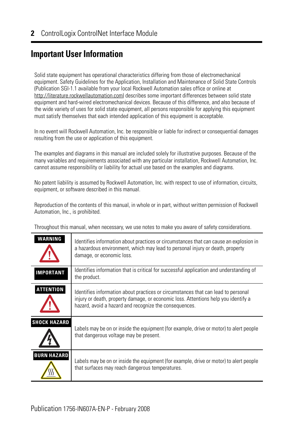 Important user information | Rockwell Automation 1756-CN2_CN2R, Series B ControlLogix ControlNet Interface Module User Manual | Page 2 / 36