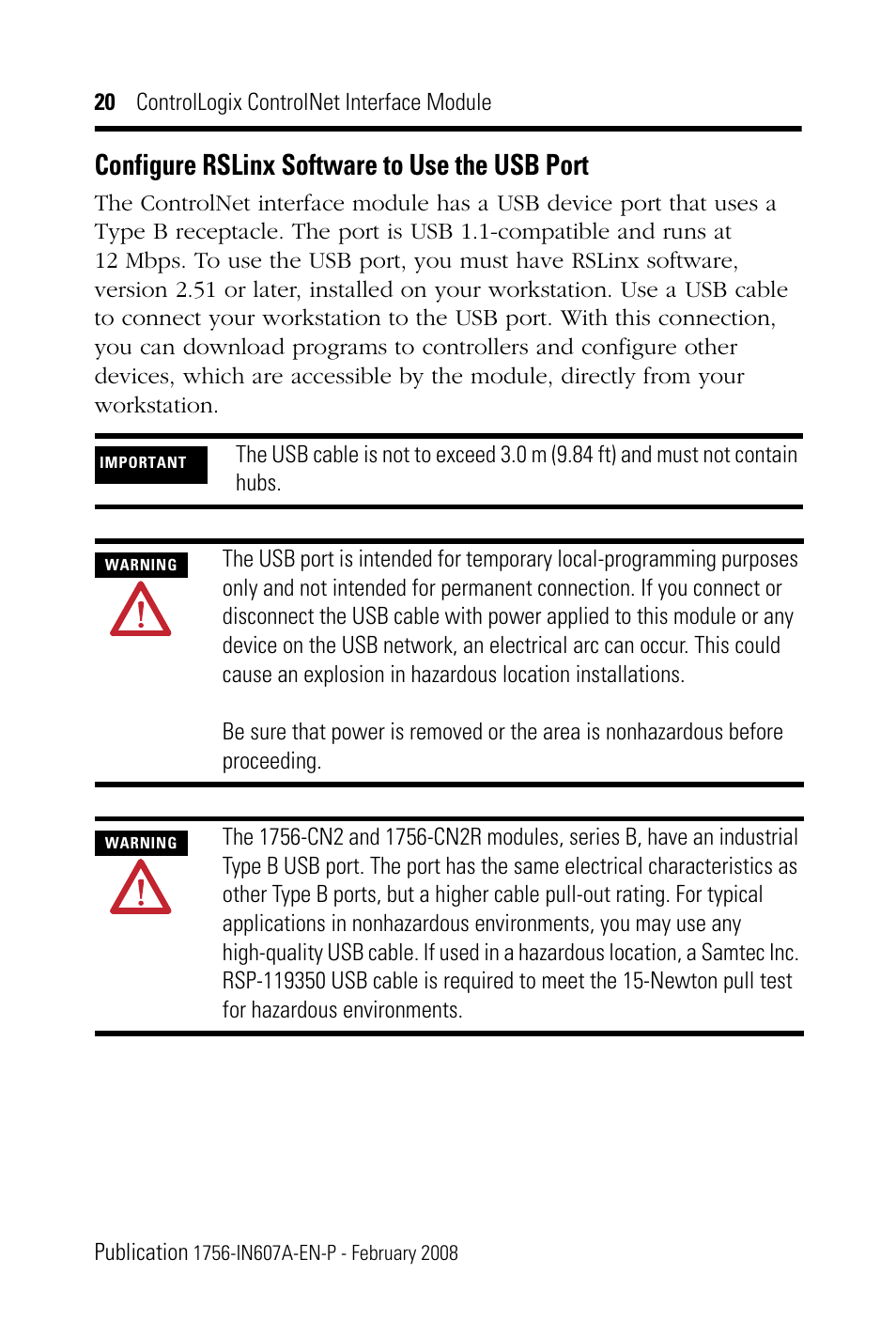 Configure rslinx software to use the usb port | Rockwell Automation 1756-CN2_CN2R, Series B ControlLogix ControlNet Interface Module User Manual | Page 20 / 36