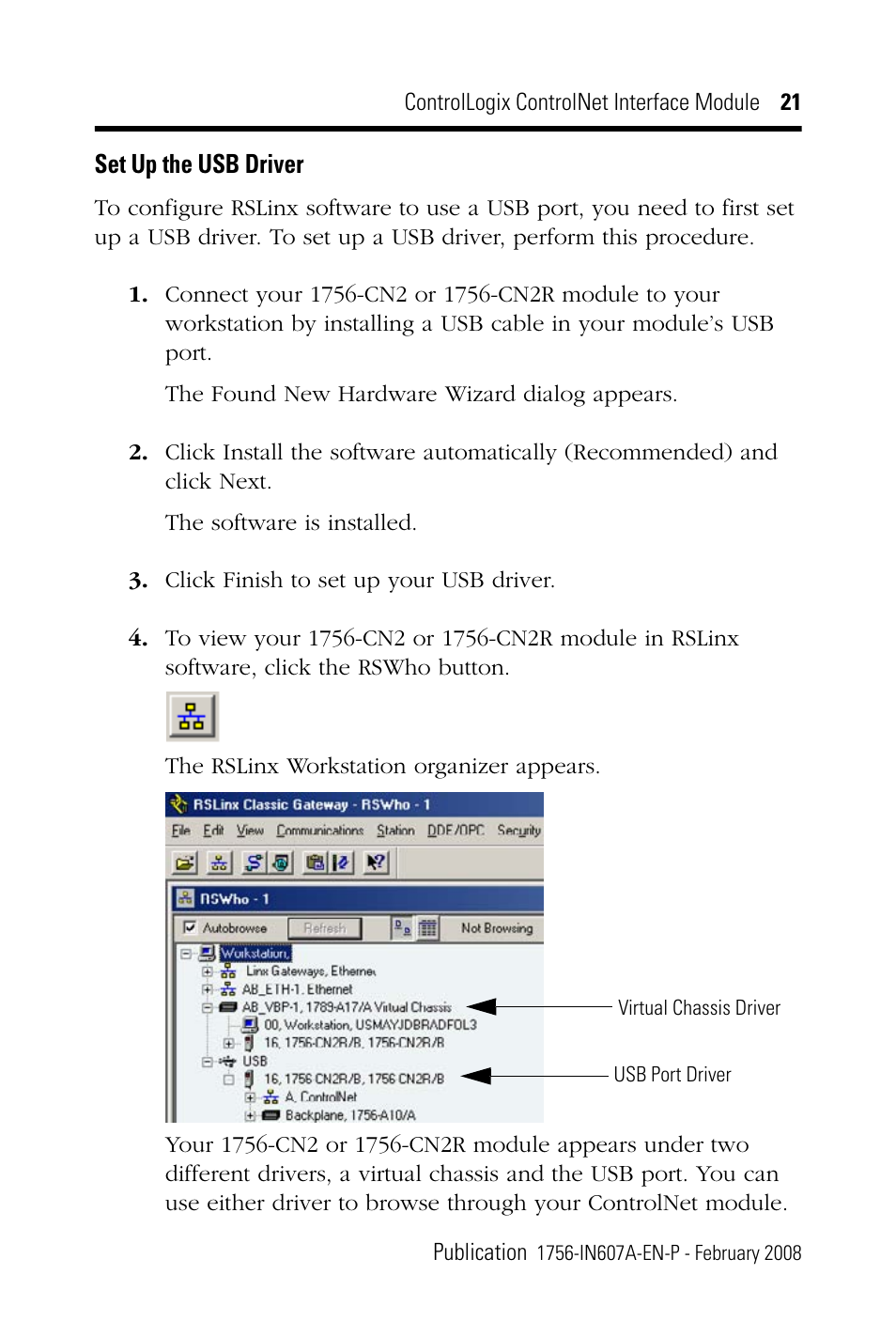 Set up the usb driver | Rockwell Automation 1756-CN2_CN2R, Series B ControlLogix ControlNet Interface Module User Manual | Page 21 / 36
