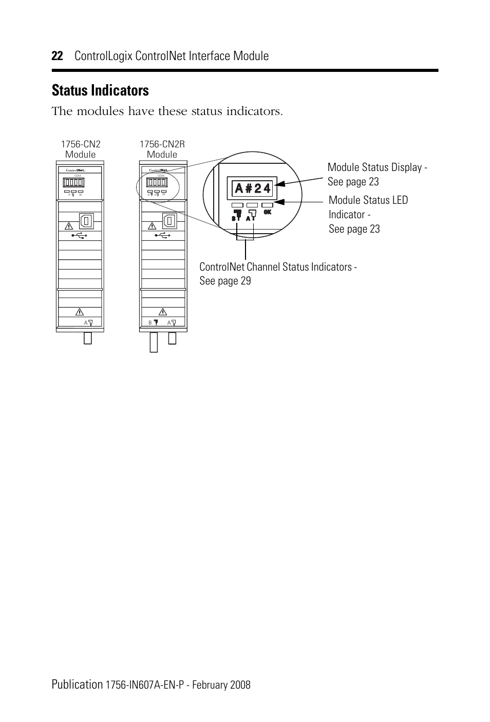 Status indicators, See status indicators, The modules have these status indicators | Rockwell Automation 1756-CN2_CN2R, Series B ControlLogix ControlNet Interface Module User Manual | Page 22 / 36