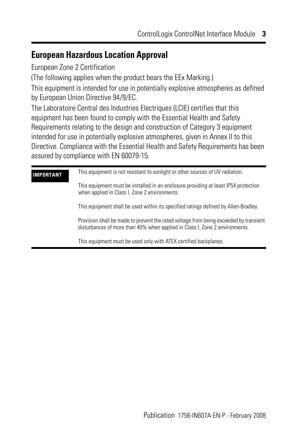 European hazardous location approval | Rockwell Automation 1756-CN2_CN2R, Series B ControlLogix ControlNet Interface Module User Manual | Page 3 / 36