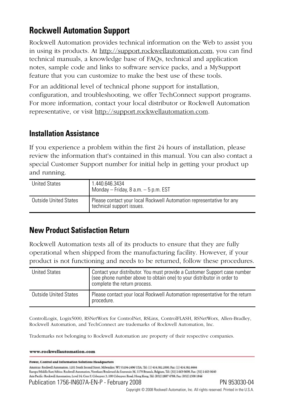 Back cover, Rockwell automation support, Installation assistance | New product satisfaction return | Rockwell Automation 1756-CN2_CN2R, Series B ControlLogix ControlNet Interface Module User Manual | Page 36 / 36