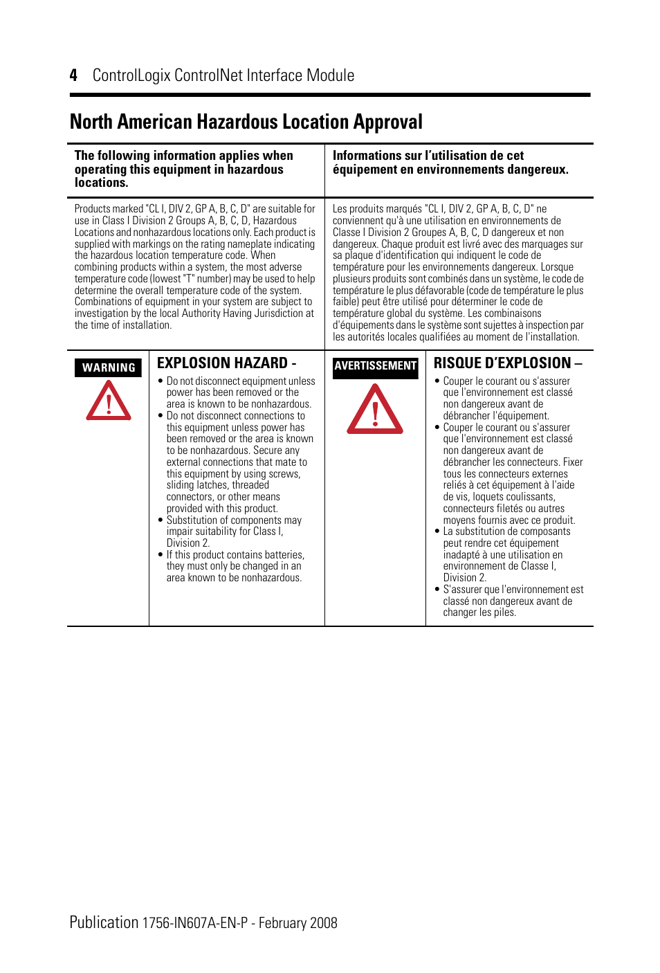 North american hazardous location approval, Explosion hazard, Risque d’explosion | Rockwell Automation 1756-CN2_CN2R, Series B ControlLogix ControlNet Interface Module User Manual | Page 4 / 36