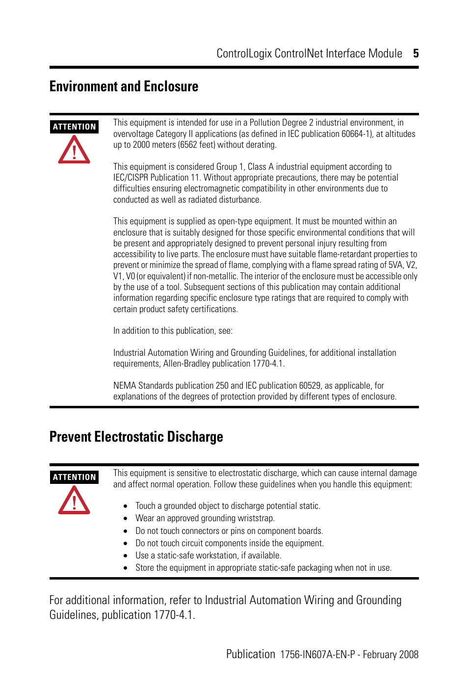 Environment and enclosure, Prevent electrostatic discharge | Rockwell Automation 1756-CN2_CN2R, Series B ControlLogix ControlNet Interface Module User Manual | Page 5 / 36