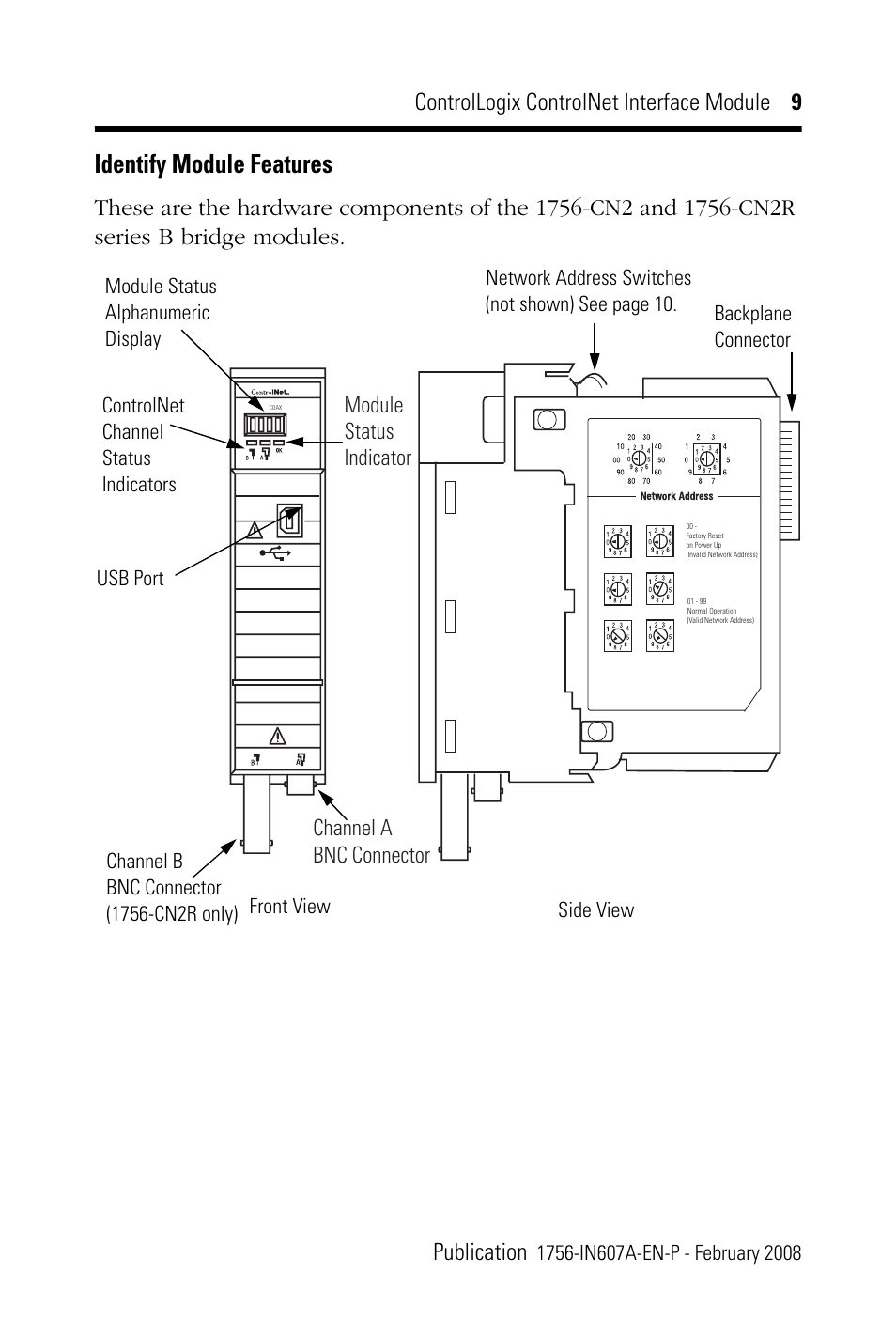 Identify module features | Rockwell Automation 1756-CN2_CN2R, Series B ControlLogix ControlNet Interface Module User Manual | Page 9 / 36