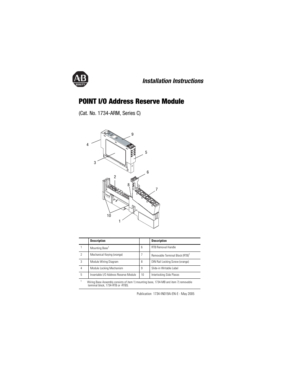 Rockwell Automation 1734-ARM POINT I/O Address Reserve Module User Manual | 16 pages