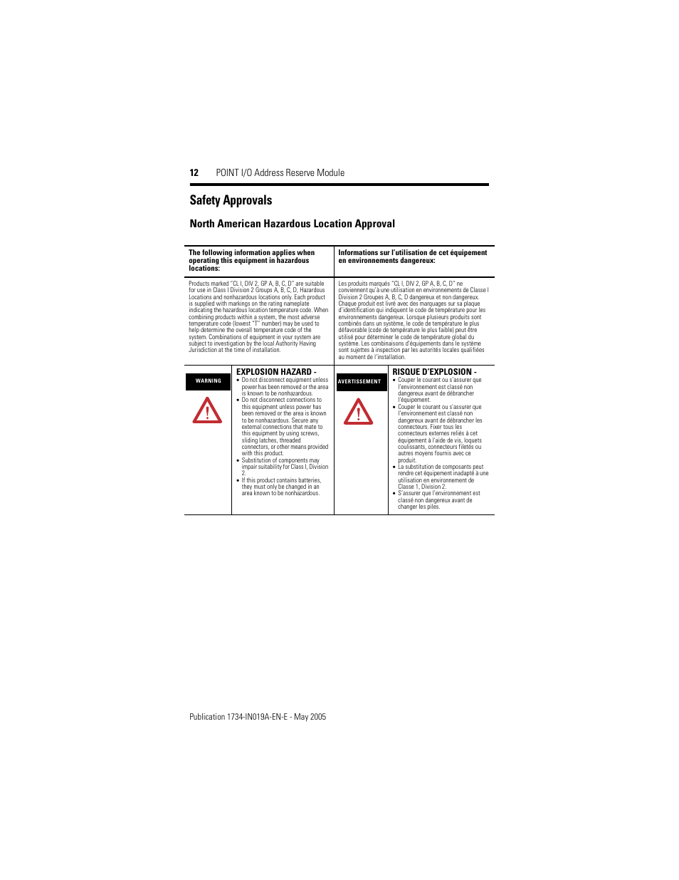 Safety approvals, North american hazardous location approval, 12 point i/o address reserve module | Rockwell Automation 1734-ARM POINT I/O Address Reserve Module User Manual | Page 12 / 16