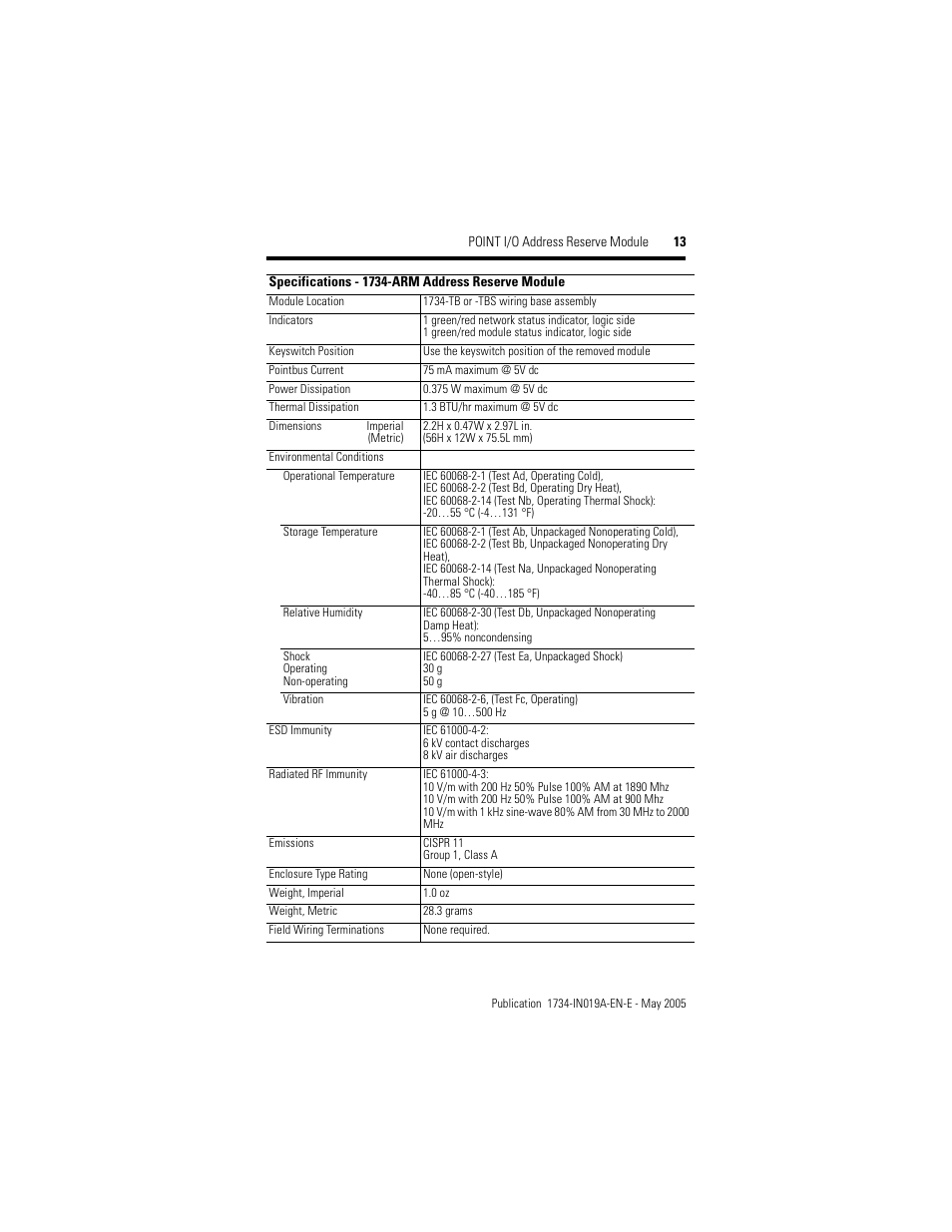 Rockwell Automation 1734-ARM POINT I/O Address Reserve Module User Manual | Page 13 / 16