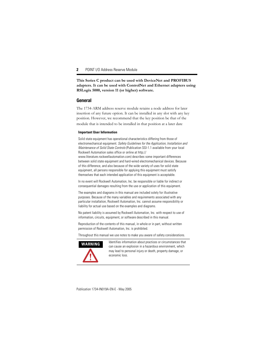 General | Rockwell Automation 1734-ARM POINT I/O Address Reserve Module User Manual | Page 2 / 16