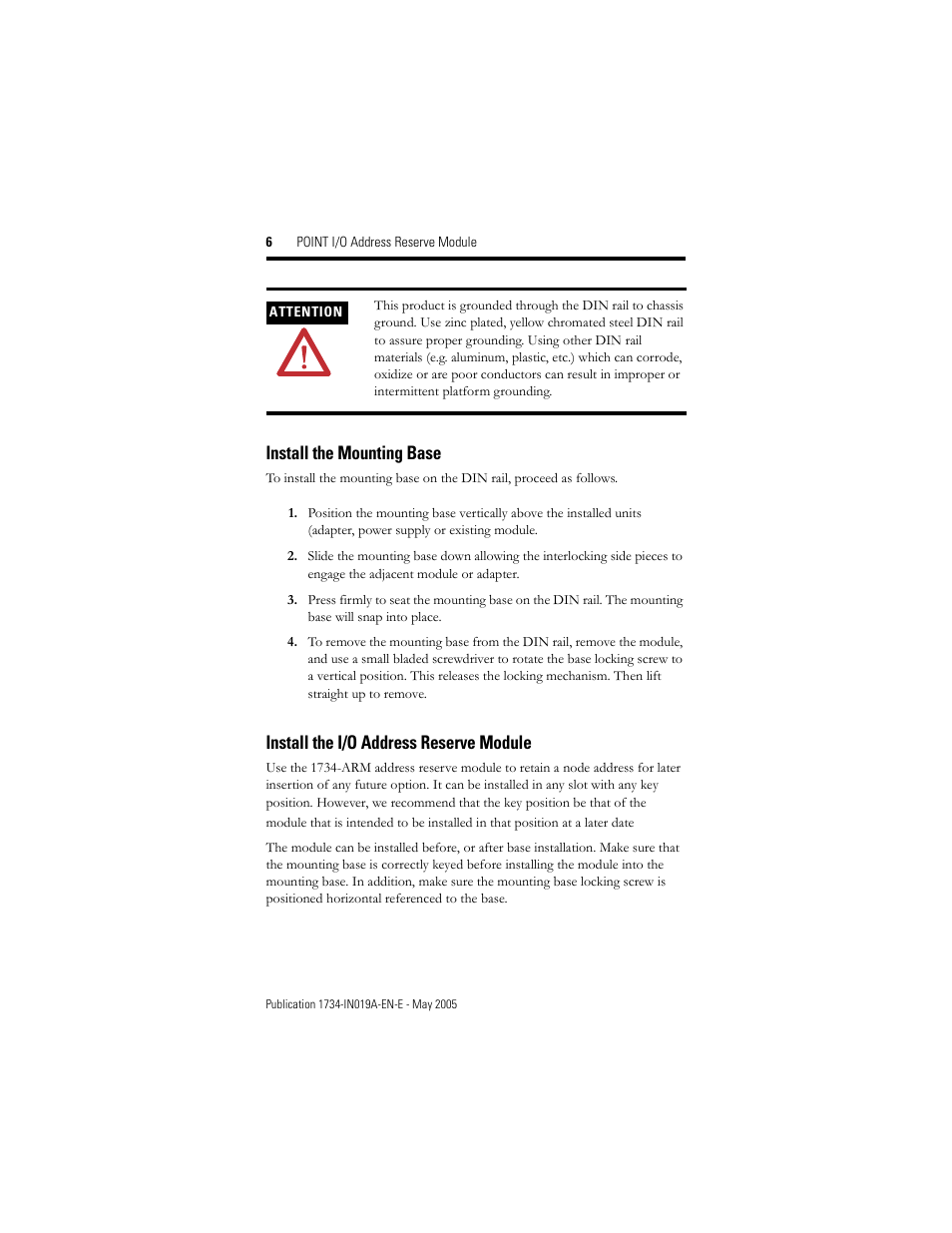 Install the mounting base, Install the i/o address reserve module | Rockwell Automation 1734-ARM POINT I/O Address Reserve Module User Manual | Page 6 / 16