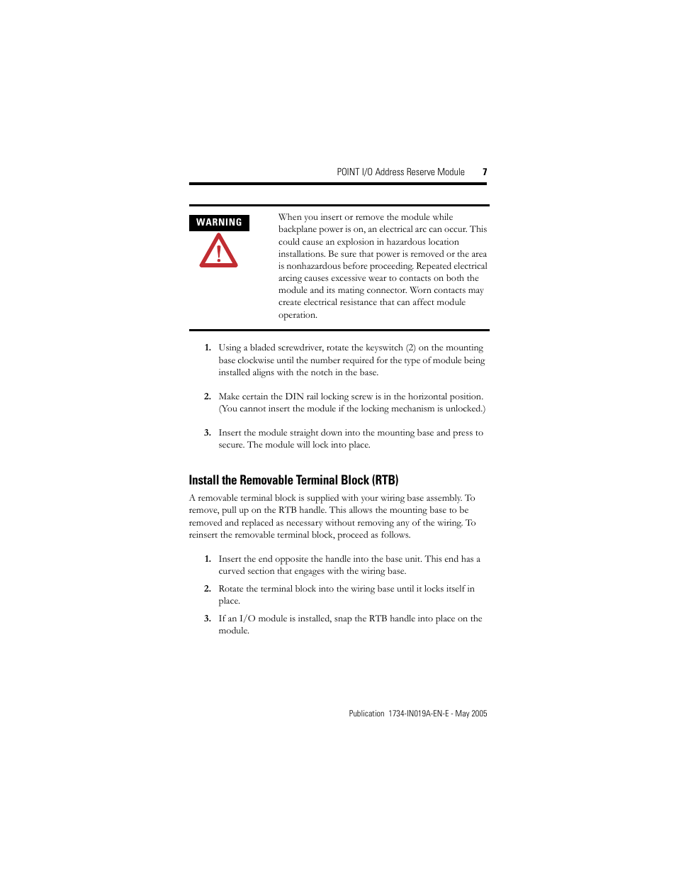 Install the removable terminal block (rtb) | Rockwell Automation 1734-ARM POINT I/O Address Reserve Module User Manual | Page 7 / 16