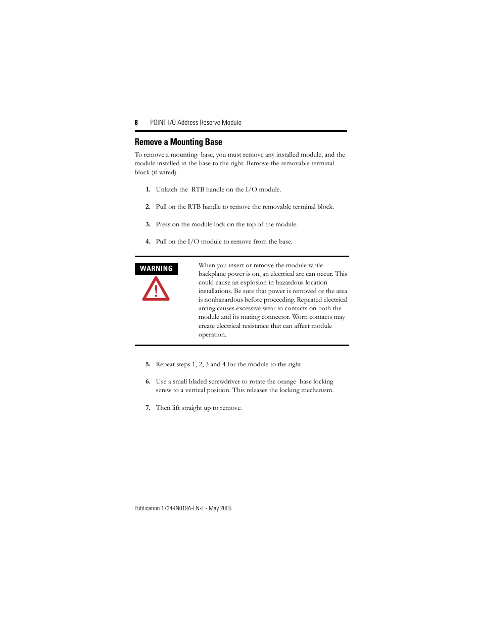 Remove a mounting base | Rockwell Automation 1734-ARM POINT I/O Address Reserve Module User Manual | Page 8 / 16