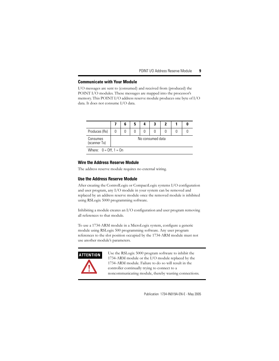 Communicate with your module, Wire the address reserve module, Use the address reserve module | Rockwell Automation 1734-ARM POINT I/O Address Reserve Module User Manual | Page 9 / 16