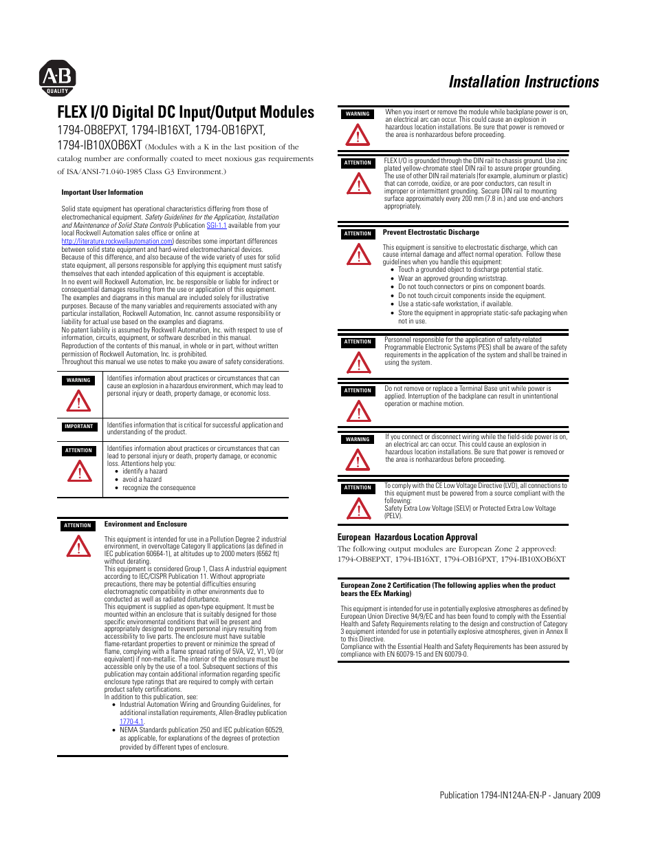 Rockwell Automation 1794-OB8EPXT, 1794-IB16XT, 1794-OB16PXT, 1794-IB10XOB6XT FLEX XT I/O Digital DC Input/Output Modules User Manual | 6 pages