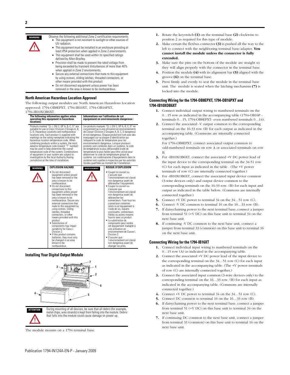 Installing your digital output module | Rockwell Automation 1794-OB8EPXT, 1794-IB16XT, 1794-OB16PXT, 1794-IB10XOB6XT FLEX XT I/O Digital DC Input/Output Modules User Manual | Page 2 / 6