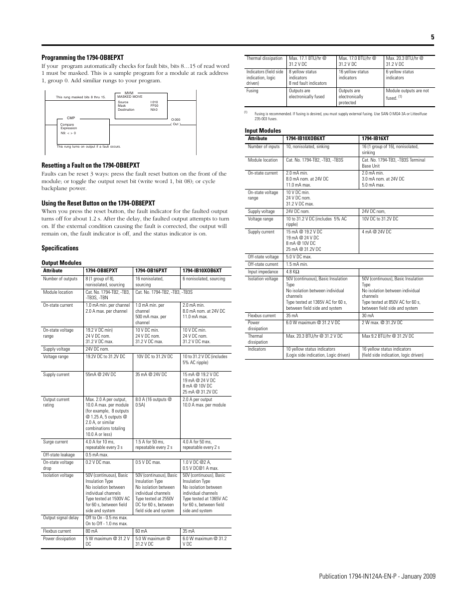 Specifications | Rockwell Automation 1794-OB8EPXT, 1794-IB16XT, 1794-OB16PXT, 1794-IB10XOB6XT FLEX XT I/O Digital DC Input/Output Modules User Manual | Page 5 / 6