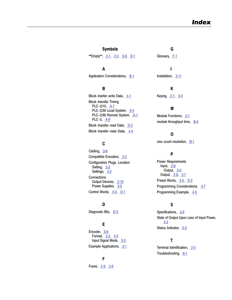 Index | Rockwell Automation 1771-DE Absolute Encoder Module User Manual User Manual | Page 79 / 80