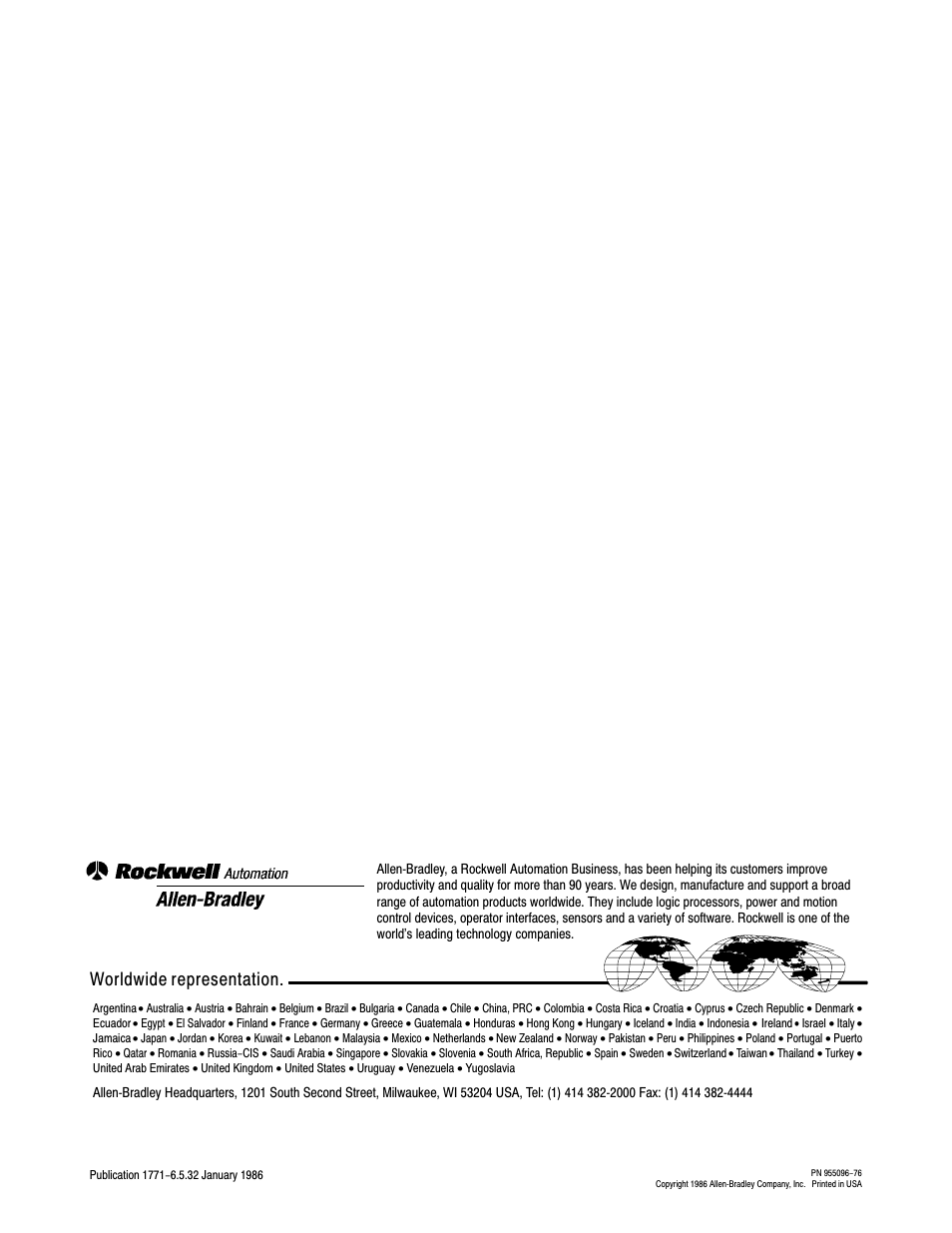 Worldwide representation | Rockwell Automation 1771-DE Absolute Encoder Module User Manual User Manual | Page 80 / 80