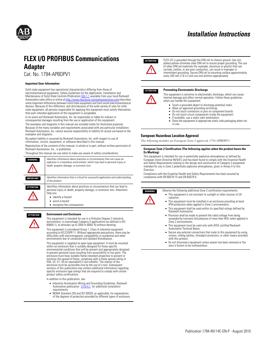 Rockwell Automation 1794-APBDPV1 FLEX I/O PROFIBUS Communications Adapter User Manual | 5 pages