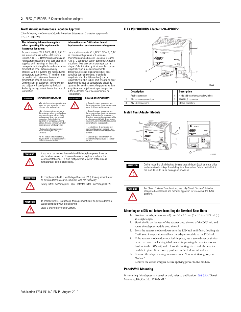 North american hazardous location approval, Flex i/o profibus adapter 1794-apbdpv1, Install your adapter module | Panel/wall mounting, Bc a | Rockwell Automation 1794-APBDPV1 FLEX I/O PROFIBUS Communications Adapter User Manual | Page 2 / 5