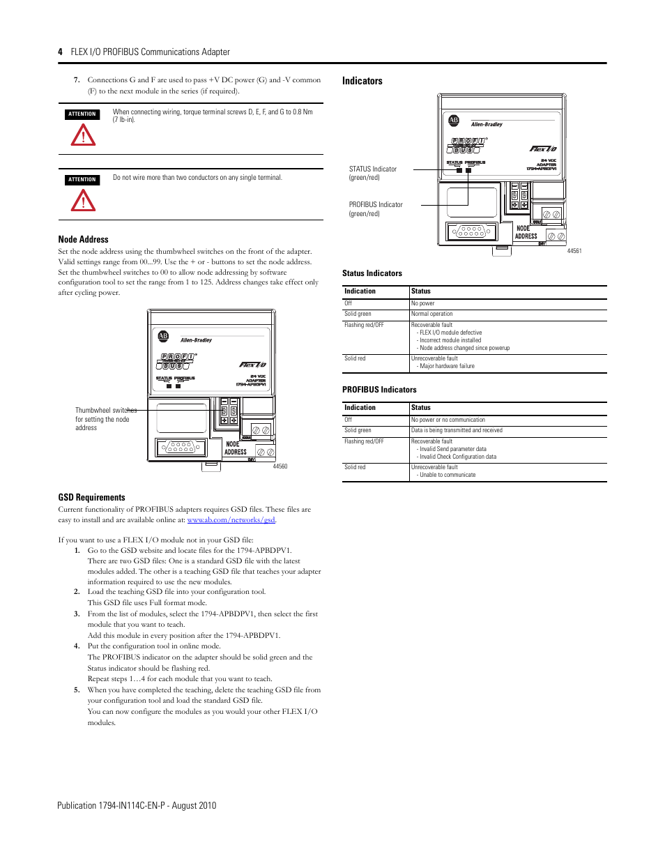 Node address, Gsd requirements, Indicators | Rockwell Automation 1794-APBDPV1 FLEX I/O PROFIBUS Communications Adapter User Manual | Page 4 / 5