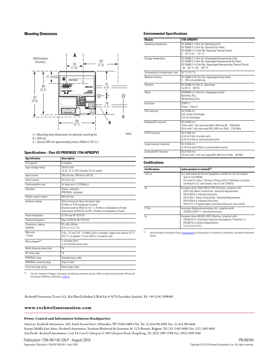 Mounting dimensions, Back cover | Rockwell Automation 1794-APBDPV1 FLEX I/O PROFIBUS Communications Adapter User Manual | Page 5 / 5