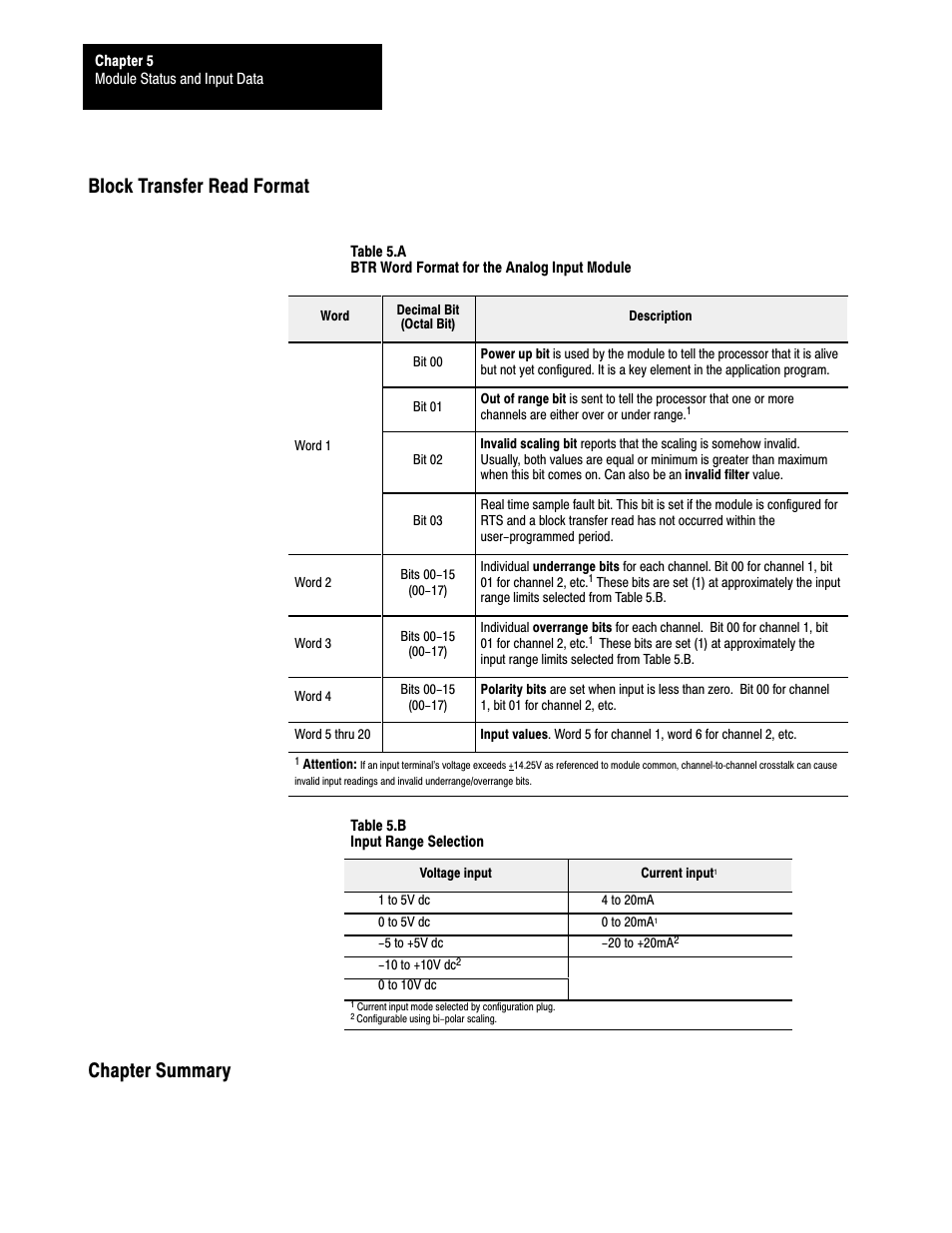Block transfer read format chapter summary | Rockwell Automation 1771-IFE , D17716.5.90 USER MNL. ANALOG INPUT Module User Manual | Page 40 / 63