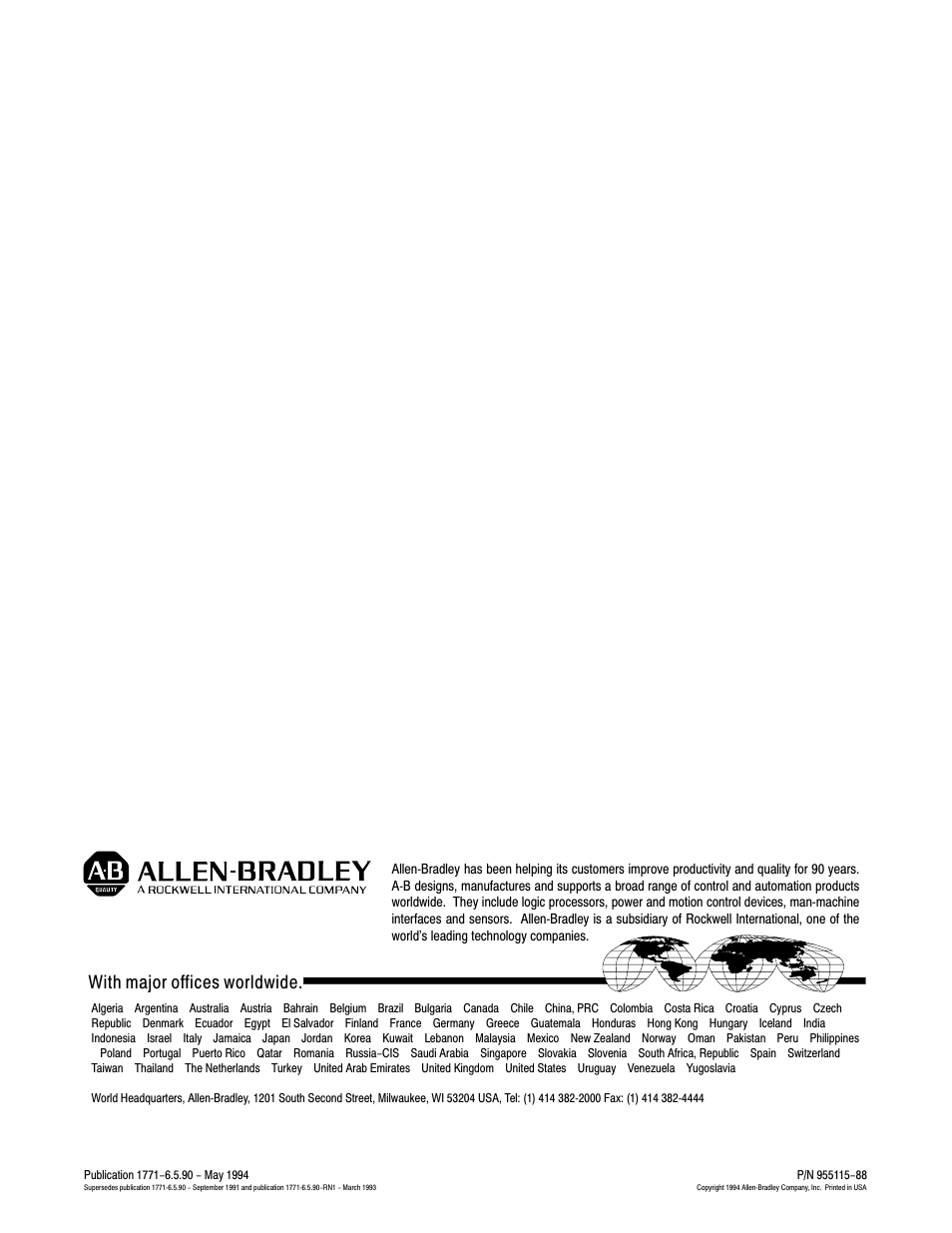 Back cover, With major offices worldwide | Rockwell Automation 1771-IFE , D17716.5.90 USER MNL. ANALOG INPUT Module User Manual | Page 63 / 63