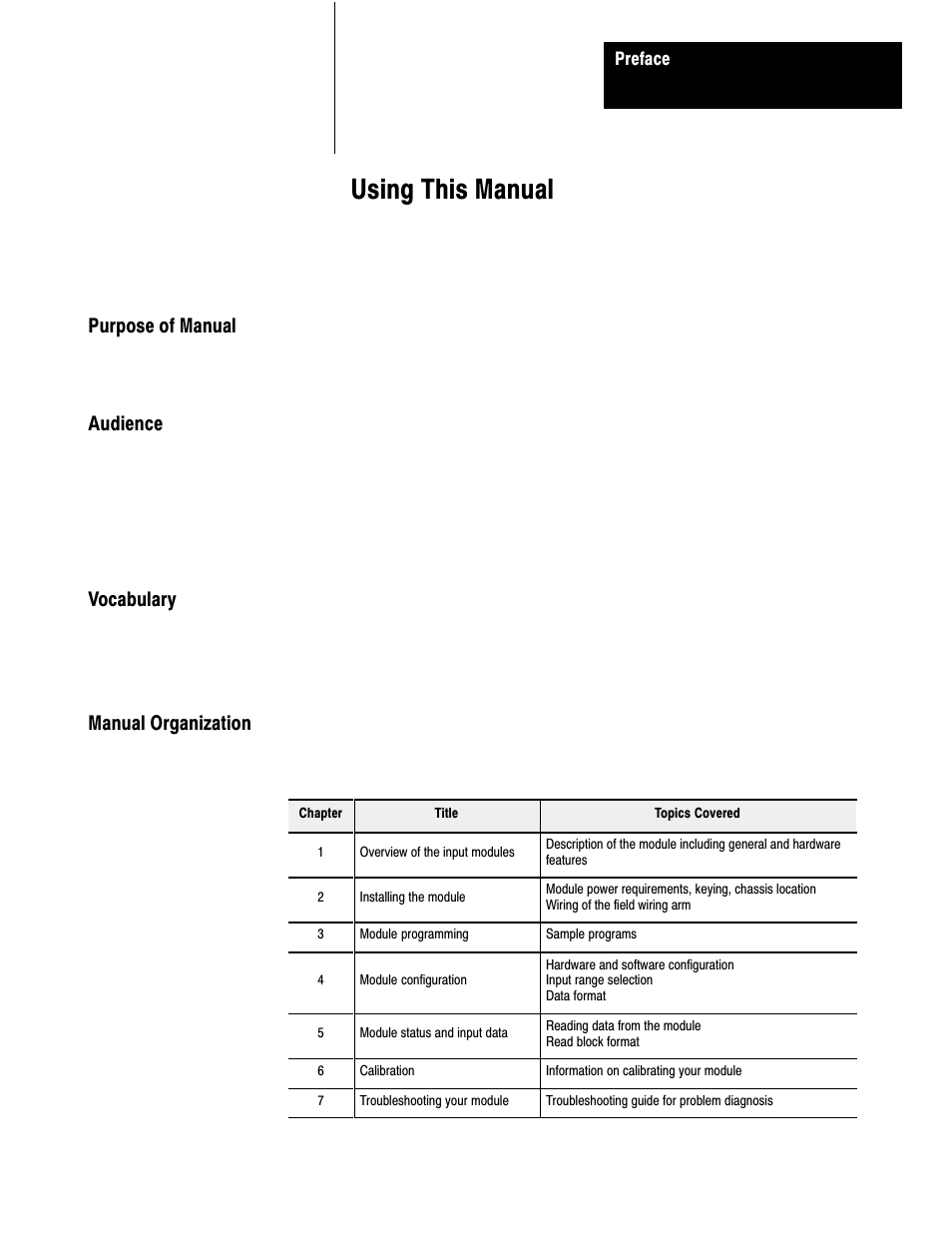Preface - using this manual, Using this manual | Rockwell Automation 1771-IFE , D17716.5.90 USER MNL. ANALOG INPUT Module User Manual | Page 7 / 63