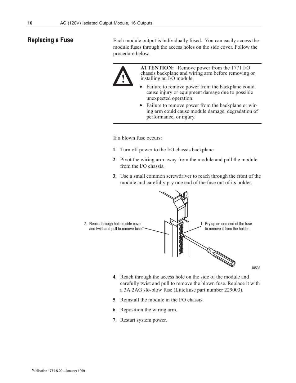 Replacing a fuse | Rockwell Automation 1771-ODD INSTL.DATA AC/DC (220/44)INPUT User Manual | Page 10 / 12