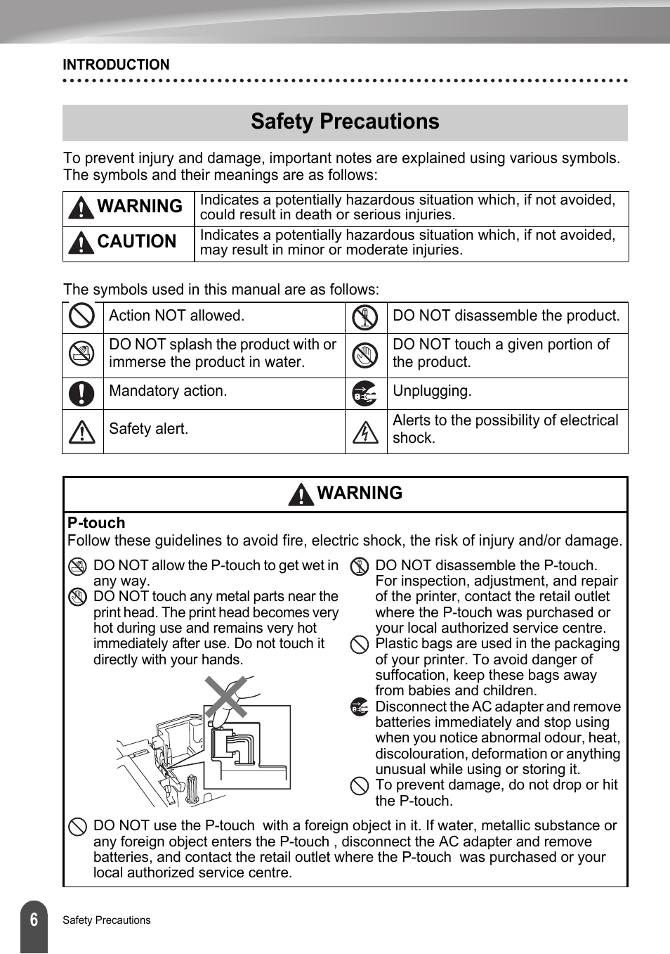 Safety precautions, Warning, Caution | Brother LW6091001 User Manual | Page 10 / 84