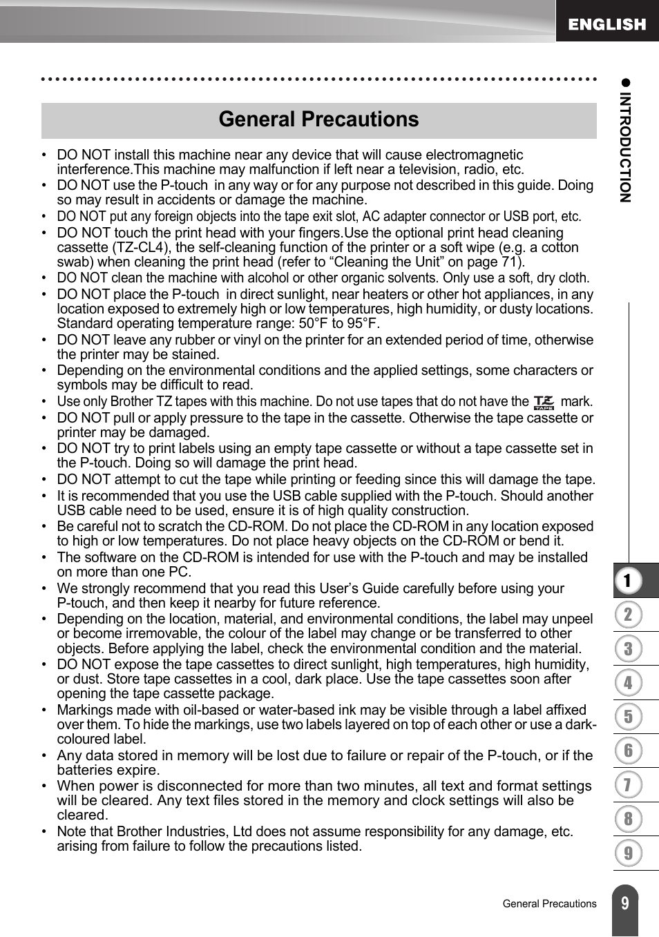 General precautions | Brother LW6091001 User Manual | Page 13 / 84