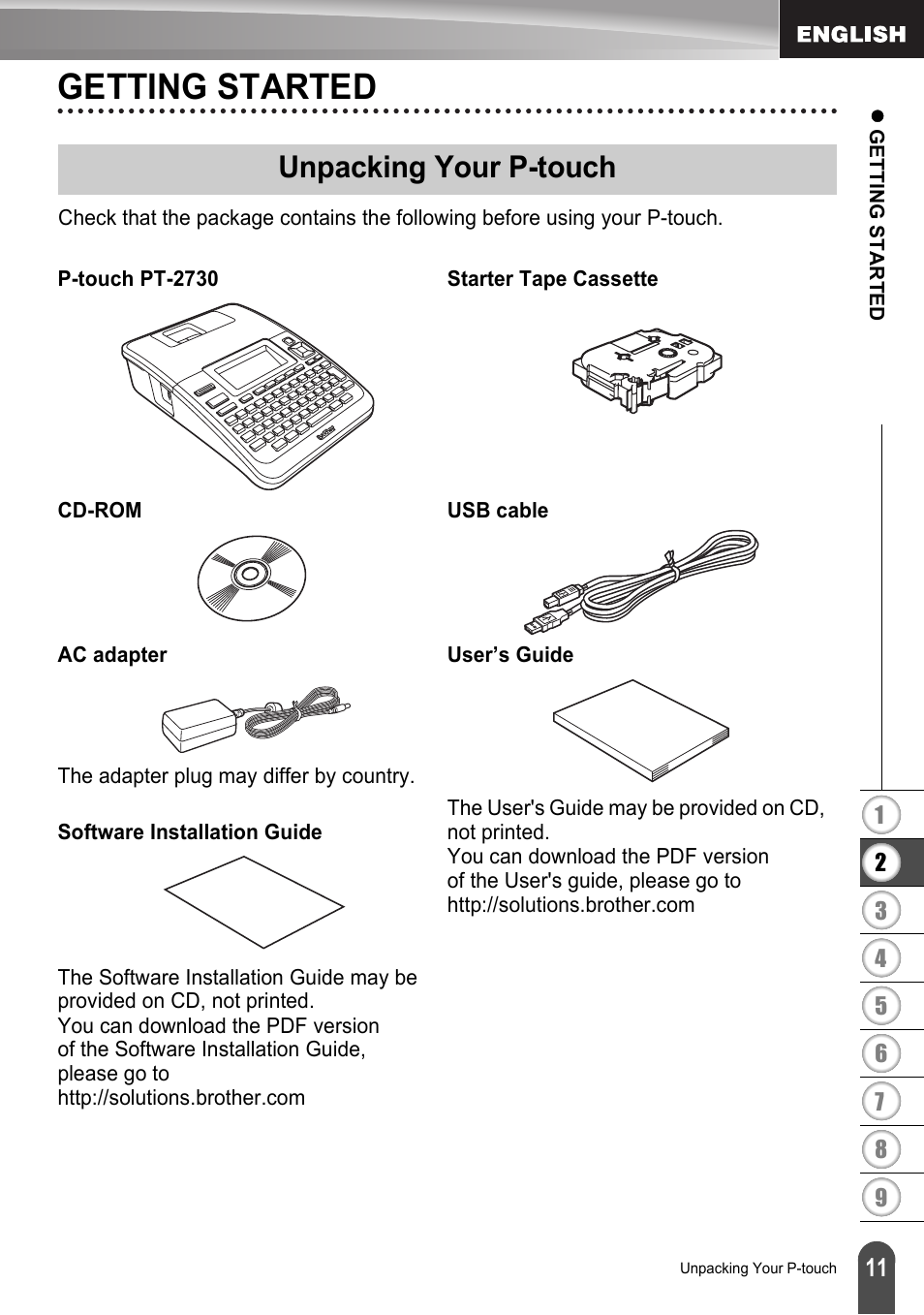 Getting started, Unpacking your p-touch, P. 11 | Brother LW6091001 User Manual | Page 15 / 84