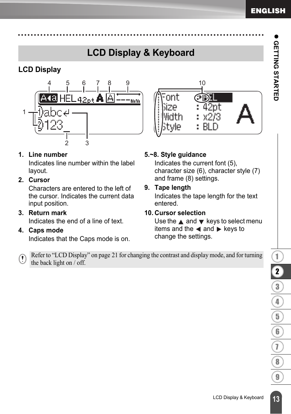 Lcd display & keyboard, Lcd display | Brother LW6091001 User Manual | Page 17 / 84