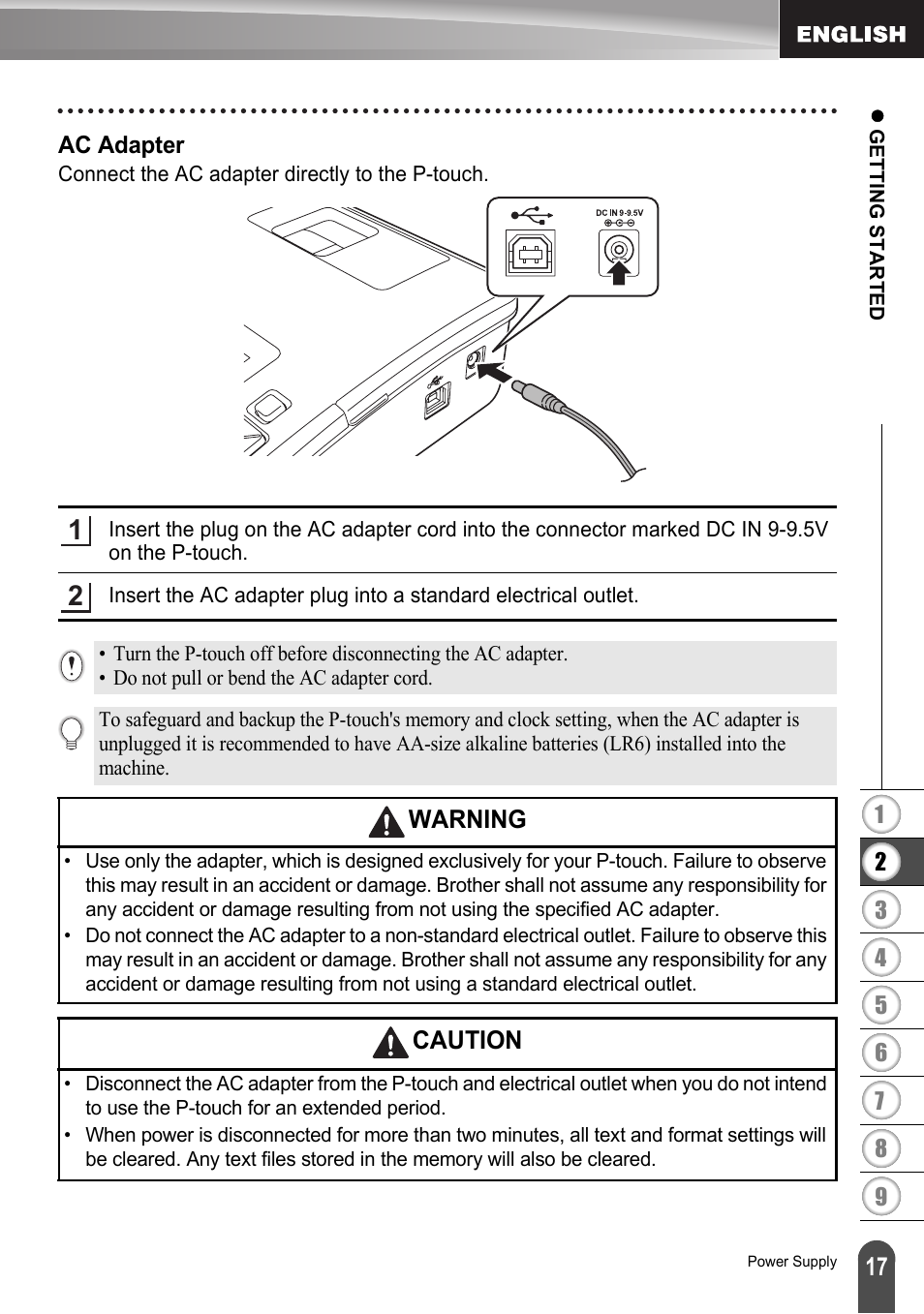 Ac adapter, Warning, Caution | Brother LW6091001 User Manual | Page 21 / 84