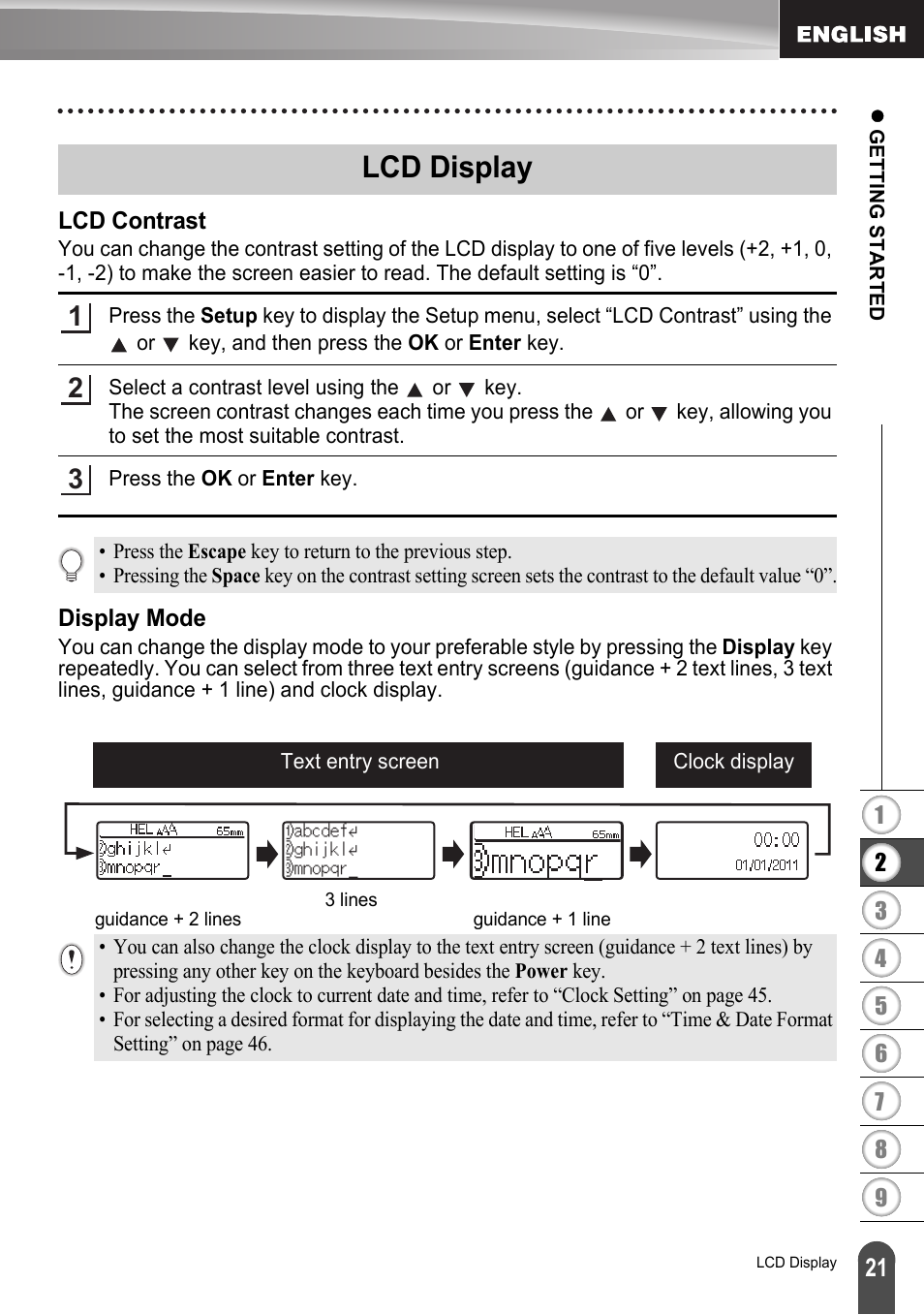 Lcd display, Lcd contrast, Display mode | Lcd contrast display mode | Brother LW6091001 User Manual | Page 25 / 84