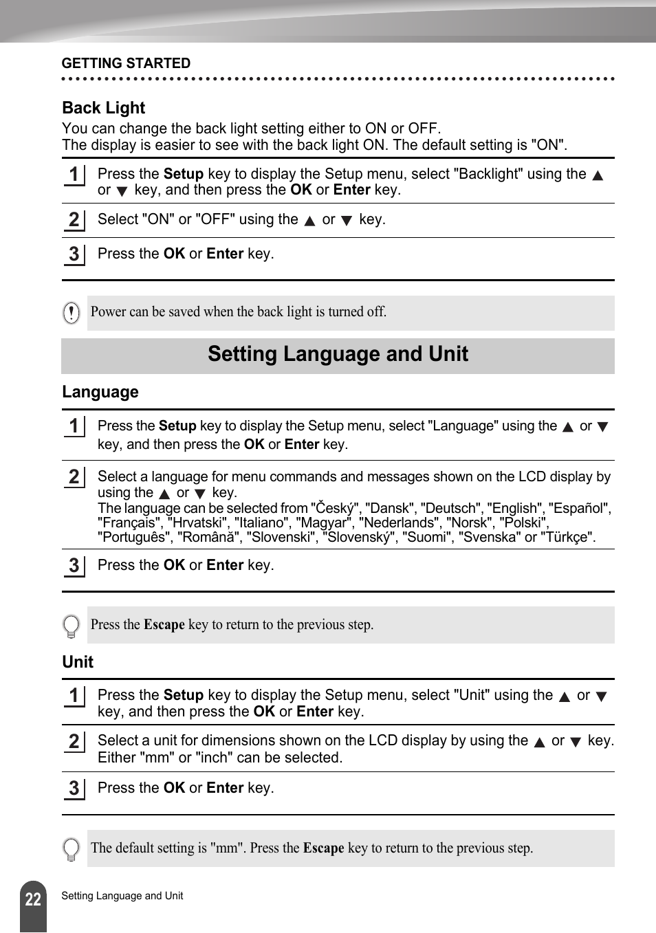 Back light, Setting language and unit, Language | Unit, Language unit | Brother LW6091001 User Manual | Page 26 / 84